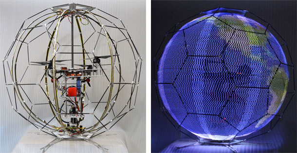 浮遊球体ドローンディスプレイの外観（左）と点灯時（右）