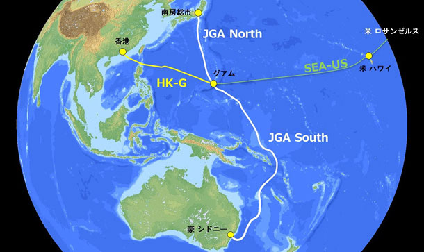 光海底ケーブル「JGA」のルート図