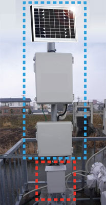 既存の「危機管理型水位計（LTE-Cat.1）」（青枠）と同等の機能を備えた電池駆動式の「IoT電源システム」（赤枠）※最上部のソーラーパネルはイメージ