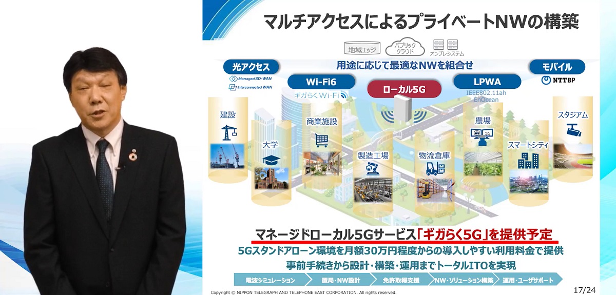 NTT東日本 代表取締役社長の井上福造氏と、「ギガらく5G」の概要