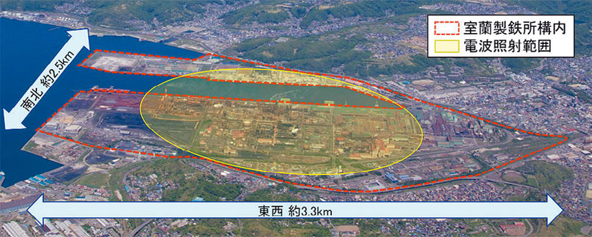 日本製鉄室蘭製鉄所におけるローカル5Gの電波照射範囲（無線局免許申請時の調整対象区域）