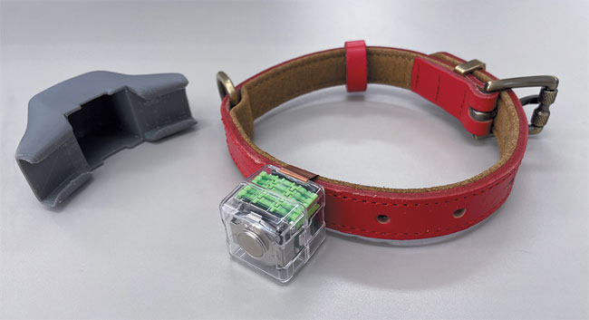 日本電子専門学校がLeafonyで作ったペットに装着する首輪型のIoTデバイス。アプリと連携してペットの体温と活動量を取得できる